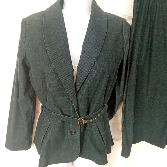 Vintage '70s 2-pc Set Suit Corduroy Blazer Belted + Skirt Kick Pleat S/M(6-8) - Picture 3 of 10